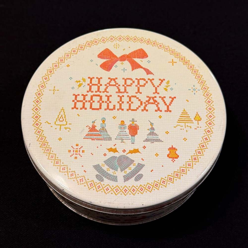 Vintage Happy Holiday Christmas Cookie Tin Cross Stitch 7.25” Diameter